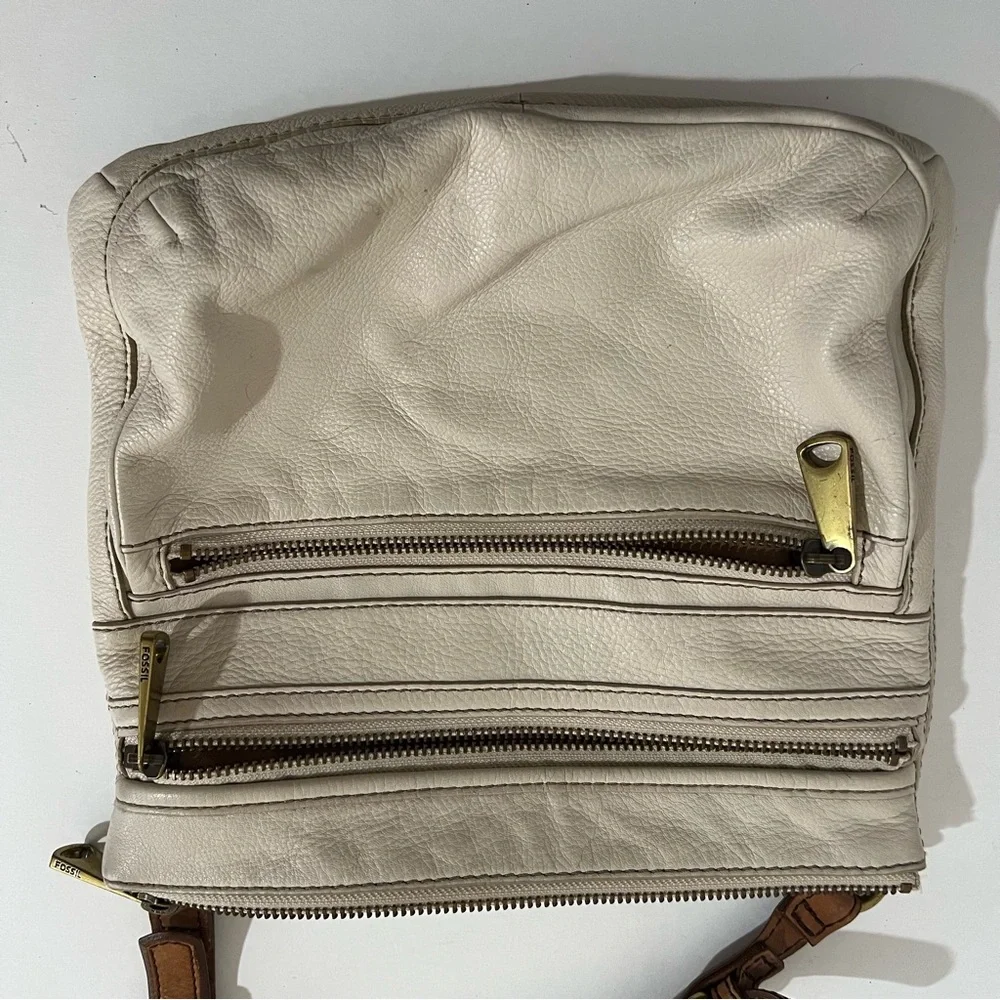 Vintage Fossil Beige Cream Pebbled Leather Crossbody Messenger Bag Unisex